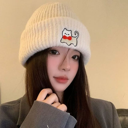 Cat Embroidered Knit Beanie