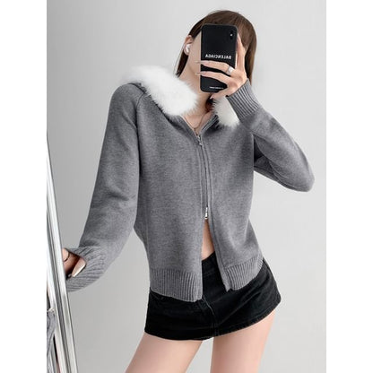 Faux Fur-Trim Hooded Zipper Cardigan