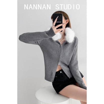 Faux Fur-Trim Hooded Zipper Cardigan