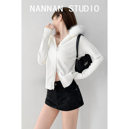 Faux Fur-Trim Hooded Zipper Cardigan