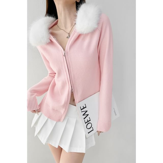 Faux Fur-Trim Hooded Zipper Cardigan