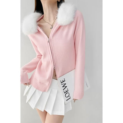 Faux Fur-Trim Hooded Zipper Cardigan
