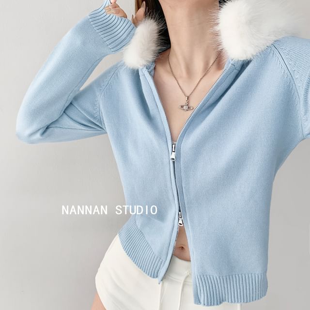 Faux Fur-Trim Hooded Zipper Cardigan