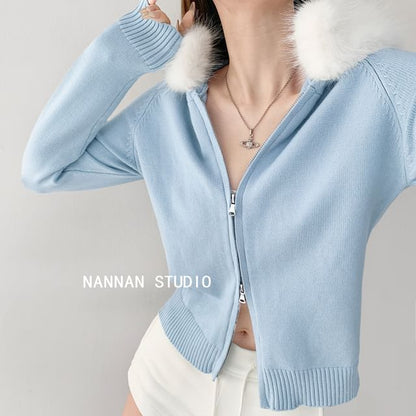 Faux Fur-Trim Hooded Zipper Cardigan