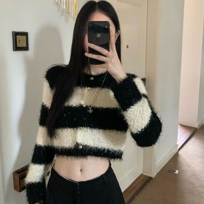 Striped Fluffy Crop Round Neck Cardigan