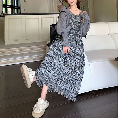 Sleeveless Scoop Neck Fringed Maxi A-Line Knit Dress & Crop Cardigan