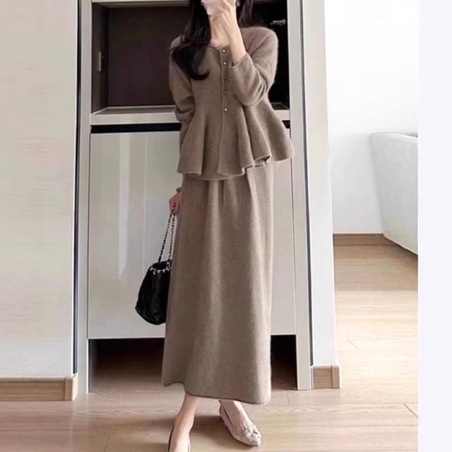 Peplum Jacket & Maxi Skirt Set - High Waist A-Line
