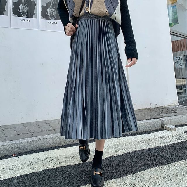 Accordion Pleated Midi Skirt - High Waist A-Line