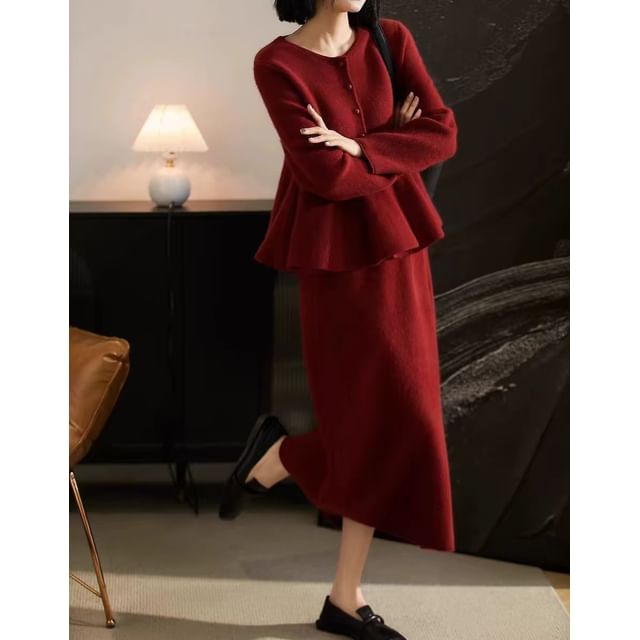 Peplum Jacket & Maxi Skirt Set - High Waist A-Line
