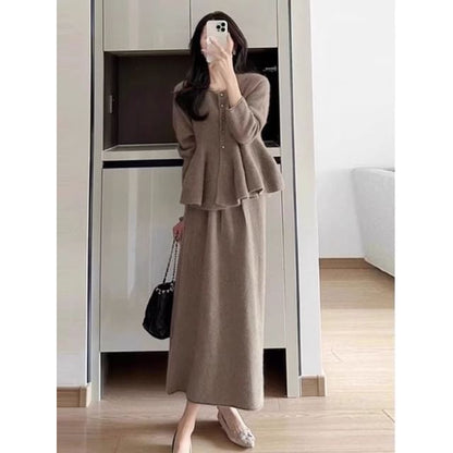 Peplum Jacket & Maxi Skirt Set - High Waist A-Line