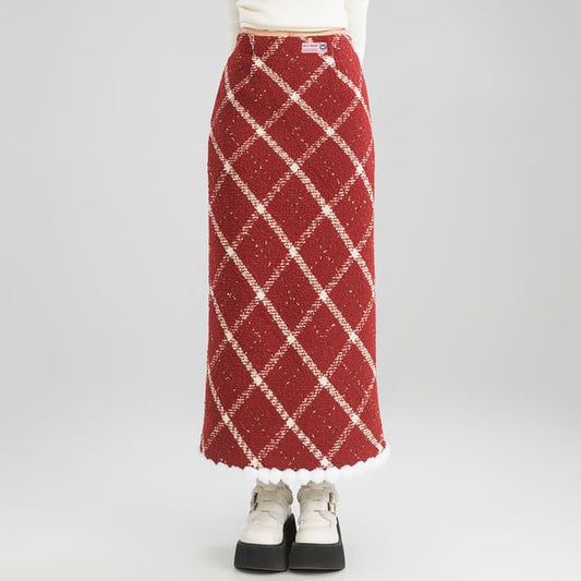 High Waist Gingham Tweed Maxi Skirt