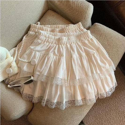 Elastic Waist Tiered Mini Skirt with Lace Trim - A-Line