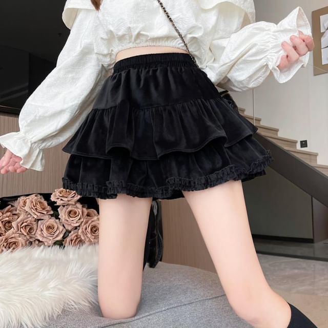 Velvet Tiered Mini Skirt - Elastic Waist A-Line