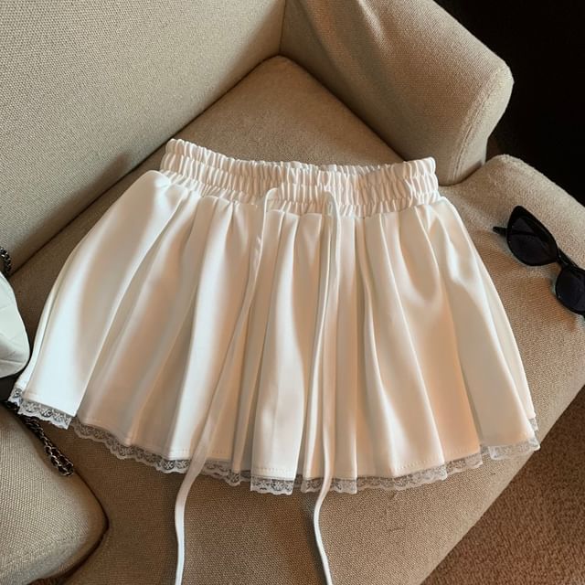 Drawstring Waist Mini Skirt with Pleats & Lace Trim