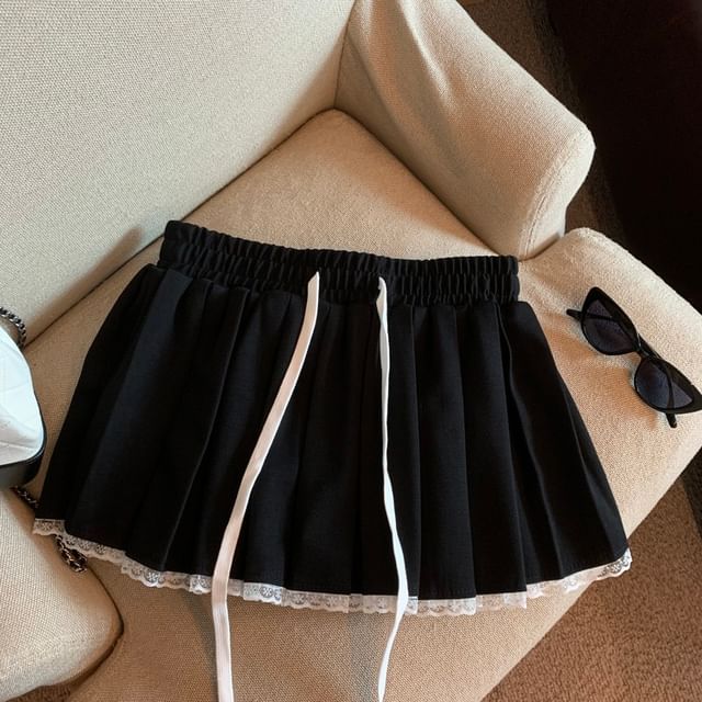 Drawstring Waist Mini Skirt with Pleats & Lace Trim
