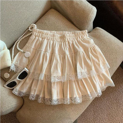 Elastic Waist Tiered Mini Skirt with Lace Trim - A-Line