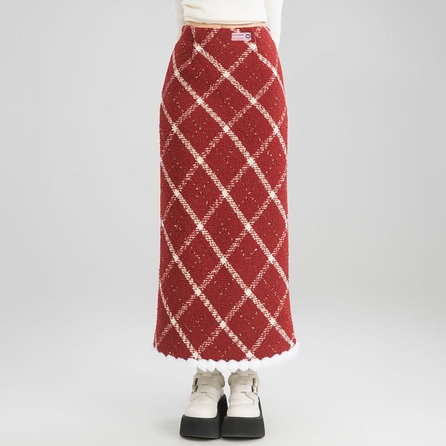 High Waist Gingham Tweed Maxi Skirt