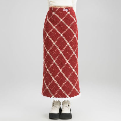 High Waist Gingham Tweed Maxi Skirt
