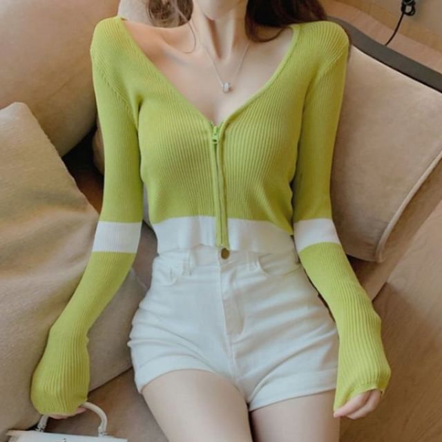 Striped Ribbed Cropped V-Neck Zip Cardigan