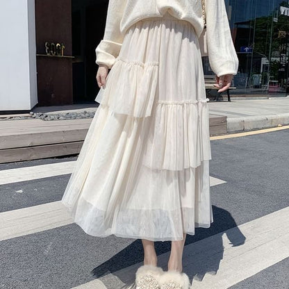 Ruffle Hem Midi Skirt - Asymmetric High Waist