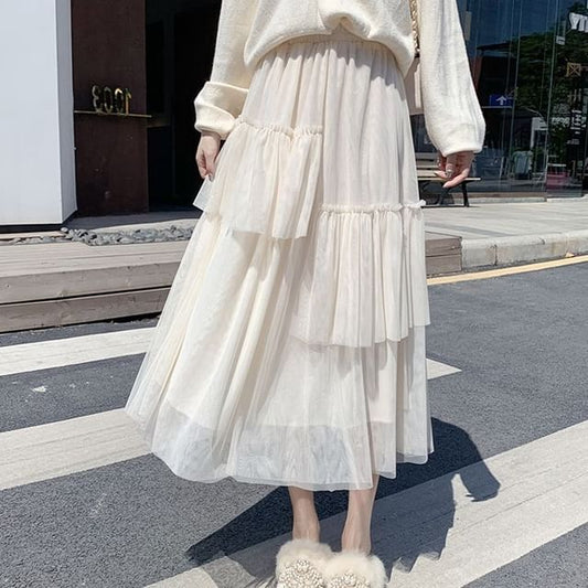 Ruffle Hem Midi Skirt - Asymmetric High Waist