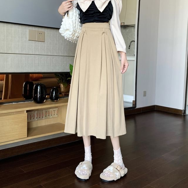 Accordion Pleated Midi Skirt - High Rise A-Line Solid