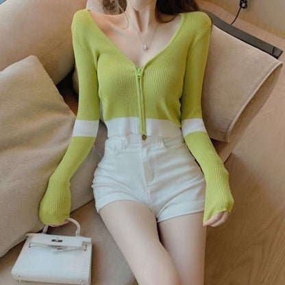 Striped Ribbed Cropped V-Neck Zip Cardigan