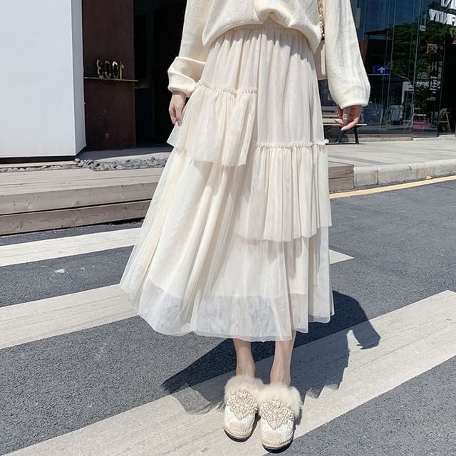 Ruffle Hem Midi Skirt - Asymmetric High Waist
