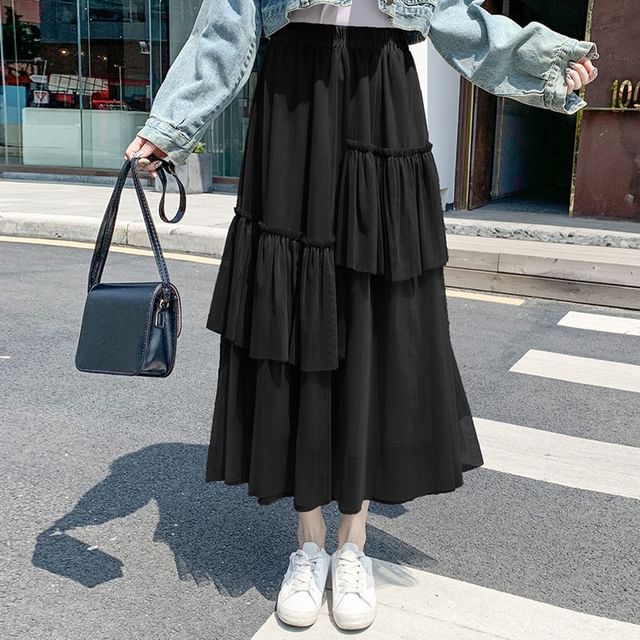 Ruffle Hem Midi Skirt - Asymmetric High Waist