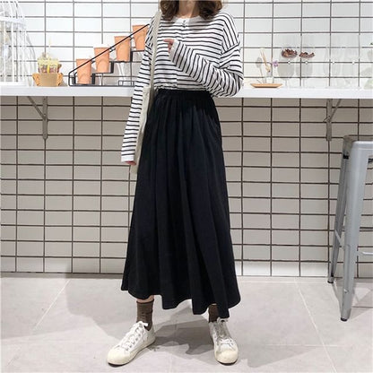 Pleated Maxi Skirt - High Rise A-Line with Accordion Folds