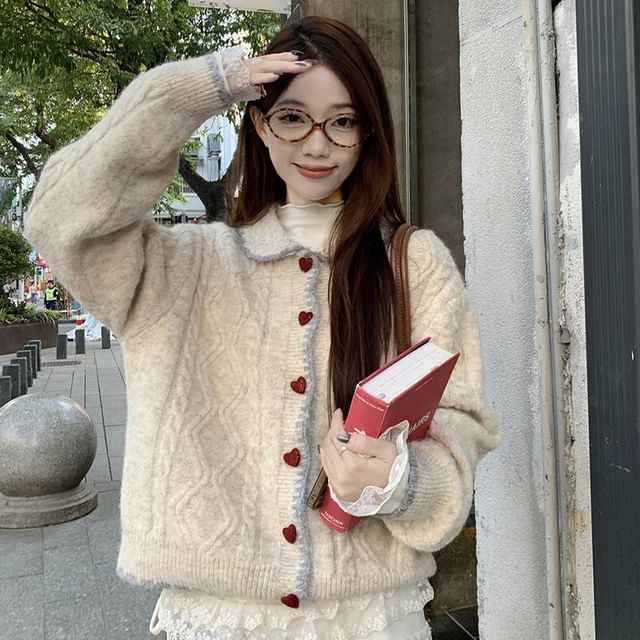 Collared Cable Knit Cardigan & Plaid Baggy Pants Set