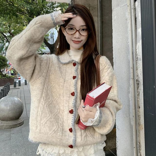Collared Cable Knit Cardigan & Plaid Baggy Pants Set
