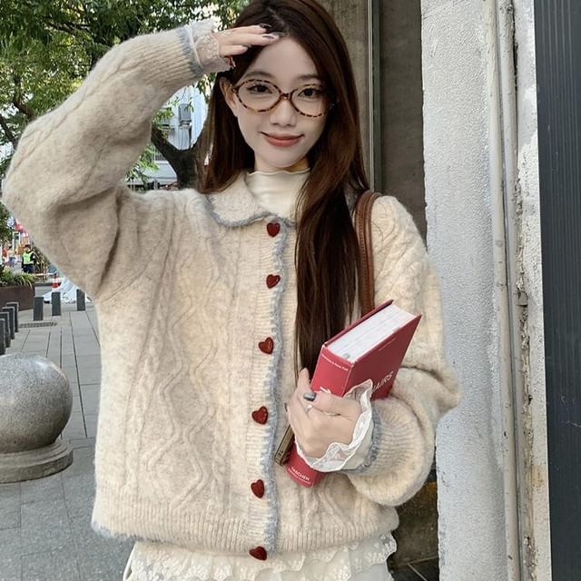 Collared Cable Knit Cardigan & Plaid Baggy Pants Set