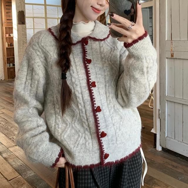 Collared Cable Knit Cardigan & Plaid Baggy Pants Set