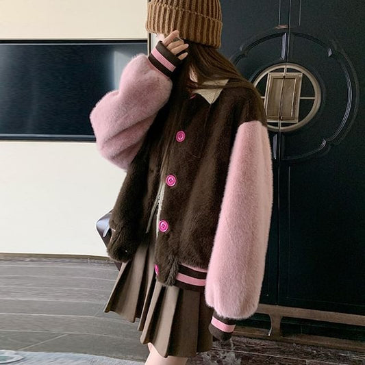 Faux Fur Color Block Button-Up Baseball Jacket