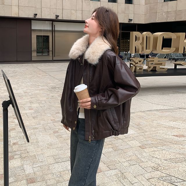 Faux Fur Faux Leather Zip-Up Jacket