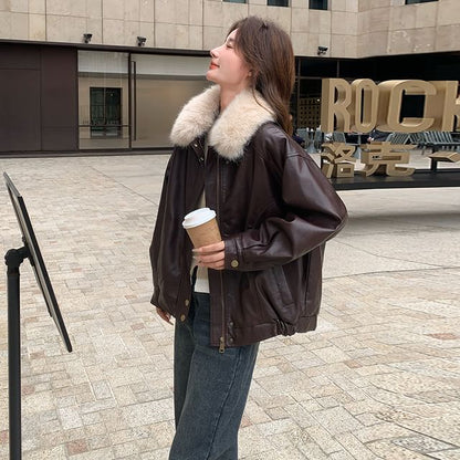 Faux Fur Faux Leather Zip-Up Jacket