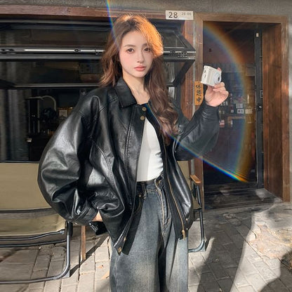 Faux Fur Faux Leather Zip-Up Jacket