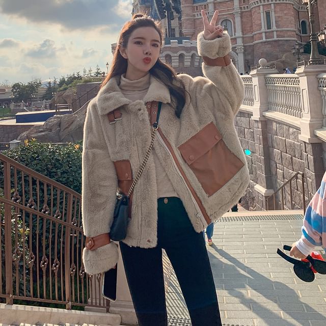 Collared Faux Fur Zip-Up Jacket