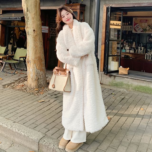Faux Fur Plain Long Coat