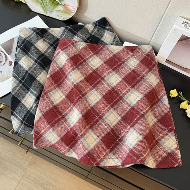Checkered High-Waist Wool Mini Skirt