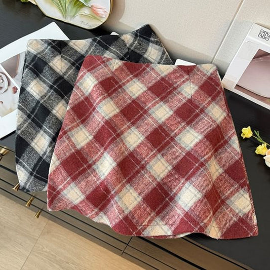 Checkered High-Waist Wool Mini Skirt