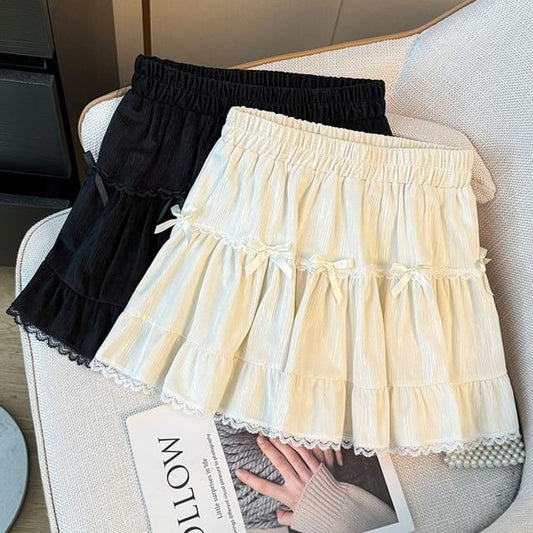Layered Mini Skirt with Lace Trim - Tiered Design