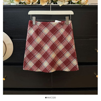 Checkered High-Waist Wool Mini Skirt