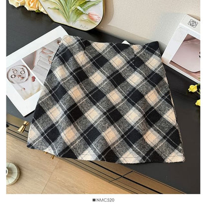 Checkered High-Waist Wool Mini Skirt