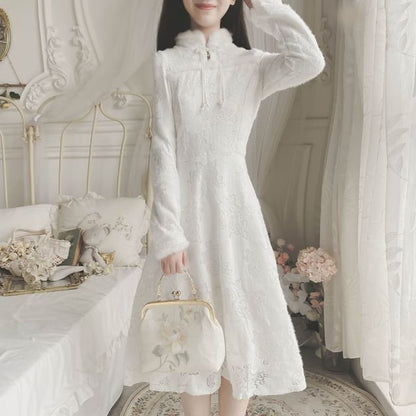 Long-Sleeve Floral Fluffy Trim Lace Midi A-Line Qipao