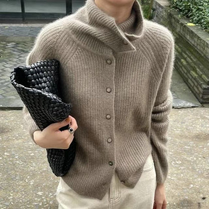 Turtleneck Button Front Solid Knit Cardigan