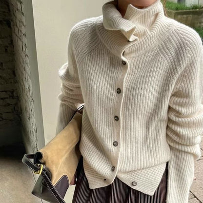 Turtleneck Button Front Solid Knit Cardigan