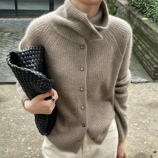 Turtleneck Button Front Solid Knit Cardigan