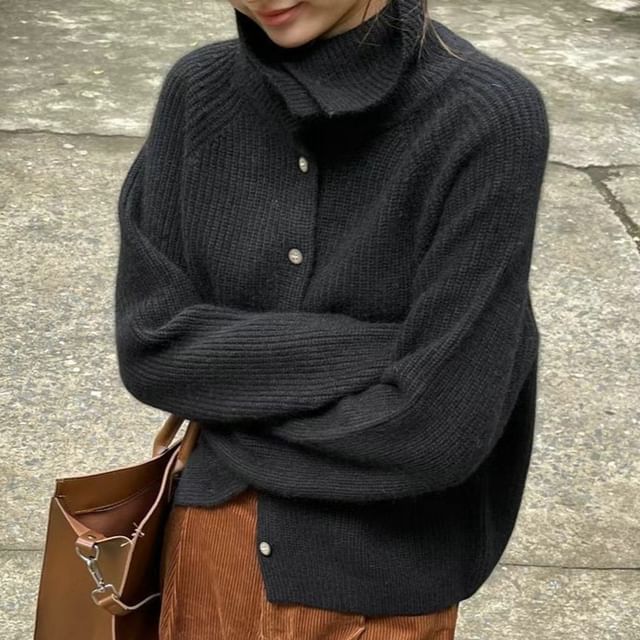 Turtleneck Button Front Solid Knit Cardigan